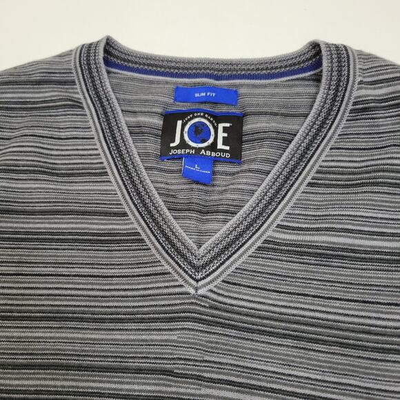 Joseph Abboud Merino Wool Blend Slim Fit Black White Gray Striped V Neck Men's L - Picture 1 of 6